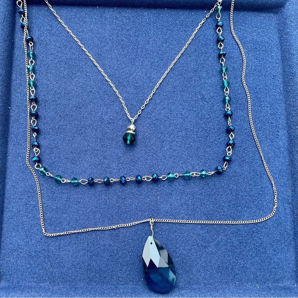 3 strand necklace with blue/green theme and large pendant